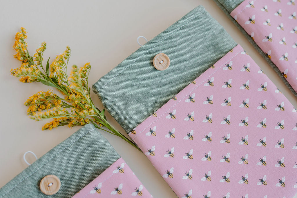 Bee Pattern Book Sleeve with Pocket - Book Protector - Book Gift - Book Cover - E-reader Cover - Spring Book Sleeve