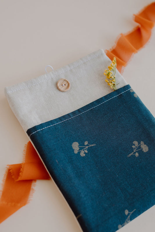 Simplistic Steel Blue Floral Book Sleeve with Pocket - Book Protector - Book Gift - Book Sleeve - Neutral Colored Book Sleeves